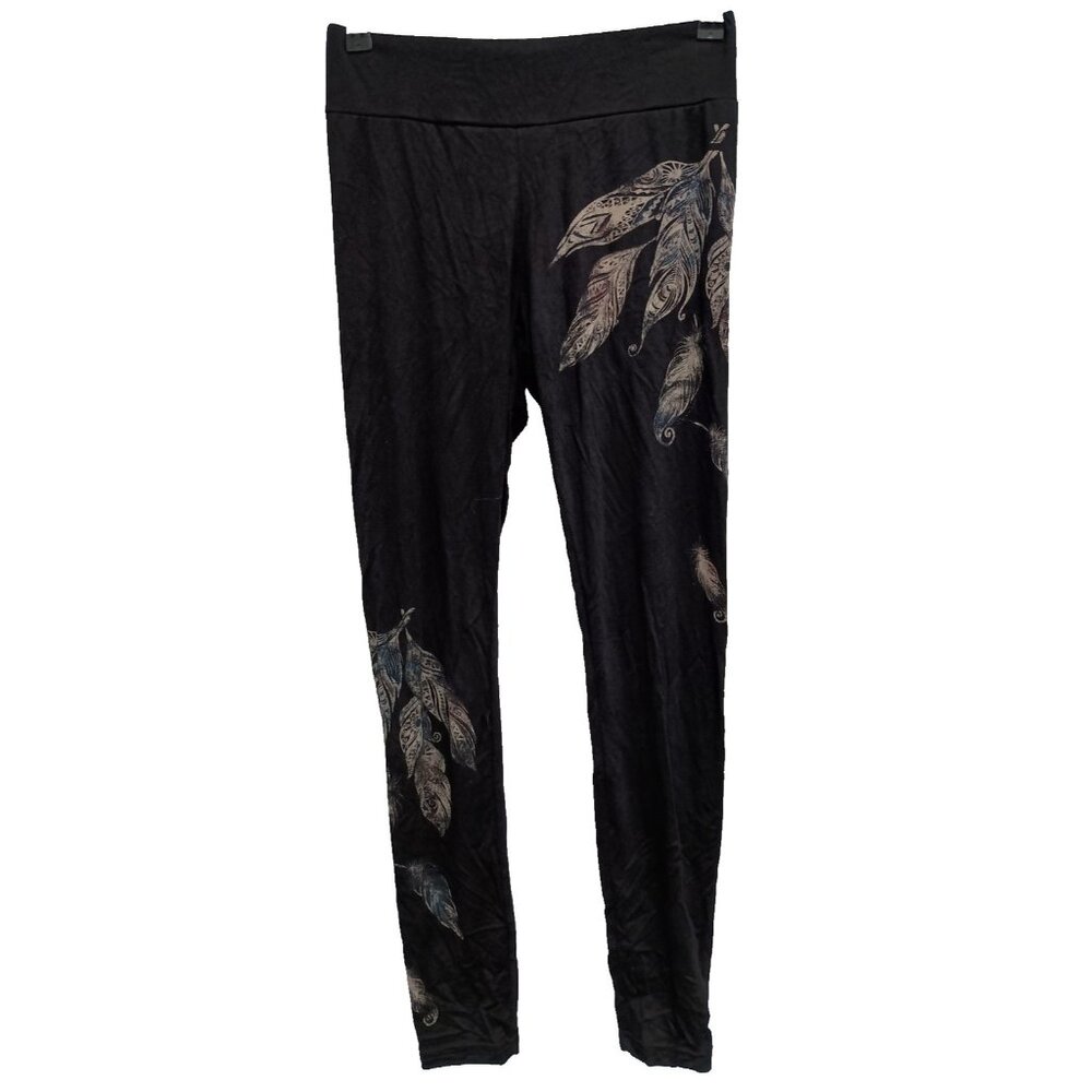 Vocal Leggings Womens Small Black Feather Print BOHO Western Hippie Casual